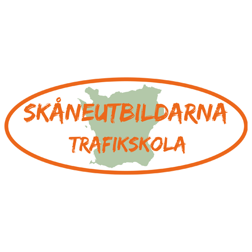skaneutbildarnas logotyp, en orange text mot en grön karta av Skåne, i en oval.
